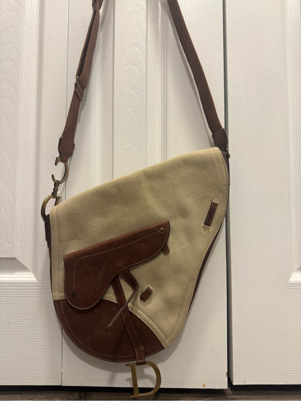 Dior Beige Canvas and Brown Leather Saddle Crossbody Bag